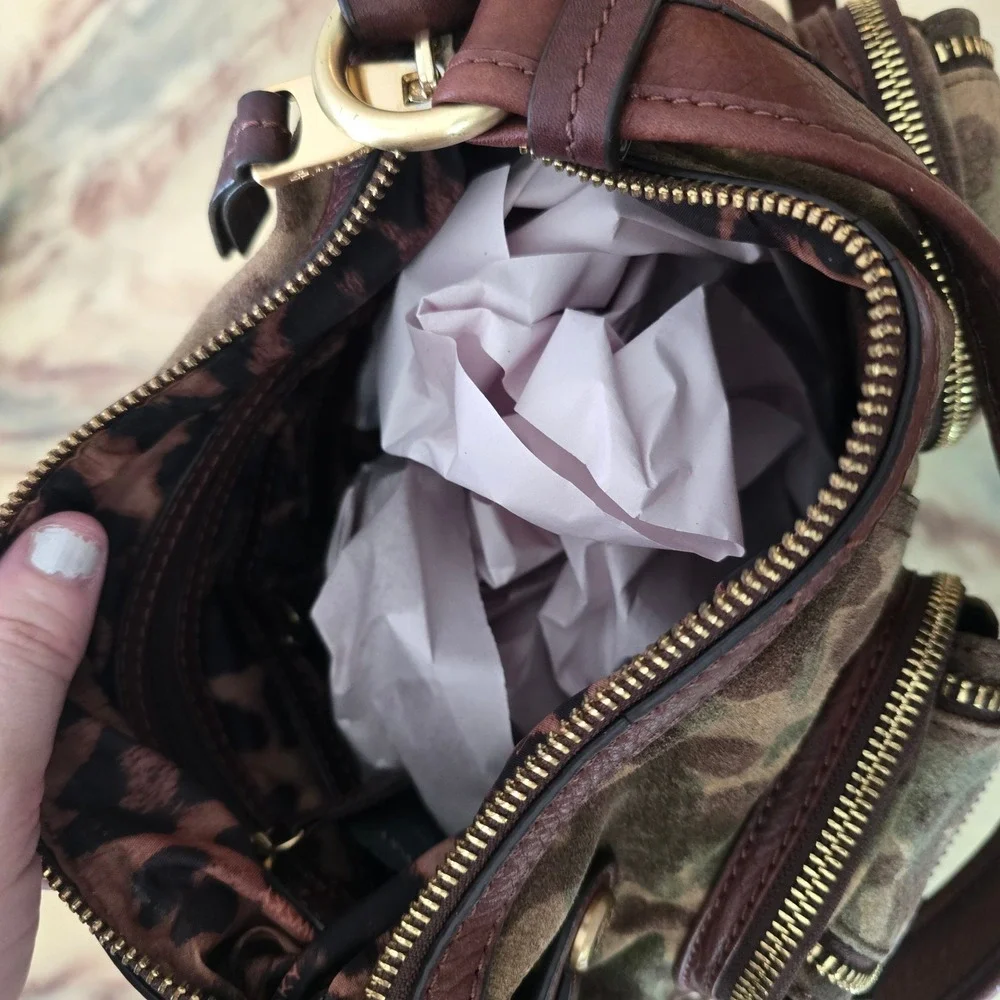 B. Makowsky Camo Print Leather Shoulder Bag Grunge Y2K Utility Hobo Pockets